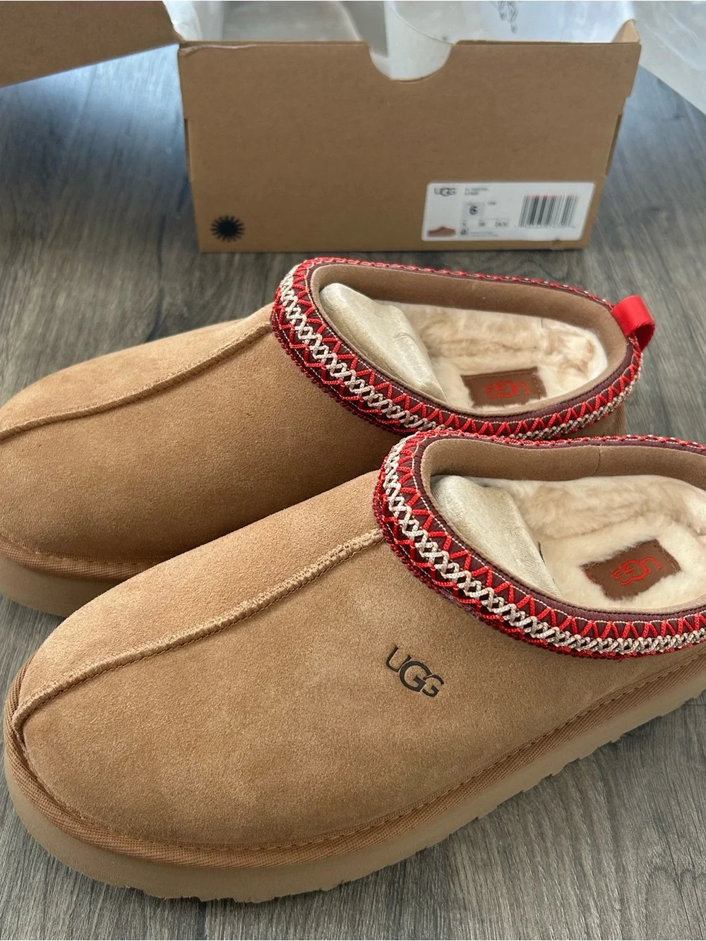UGG Kids Chestnut Suede Slip-On Slippers with Red Trim